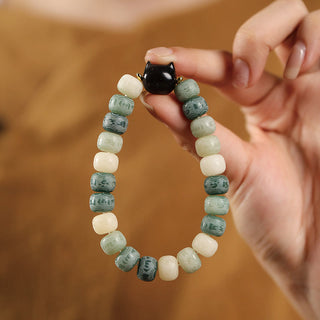 Buddha Gift Bodhi Seed Om Mani Padme Hum Carved Silver Sheen Obsidian Cat Head Wisdom Bracelet