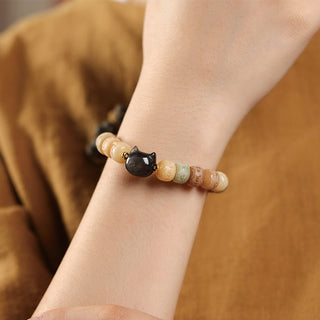 Buddha Gift Bodhi Seed Om Mani Padme Hum Carved Silver Sheen Obsidian Cat Head Wisdom Bracelet