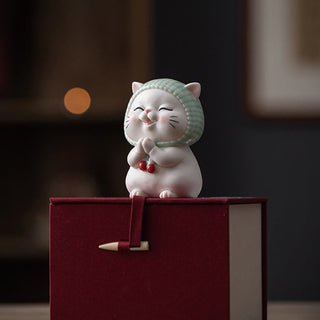 Buddha Gift Lucky Cute Cat In Scarf Ceramic Figurine Decoration