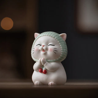 Buddha Gift Lucky Cute Cat In Scarf Ceramic Figurine Decoration