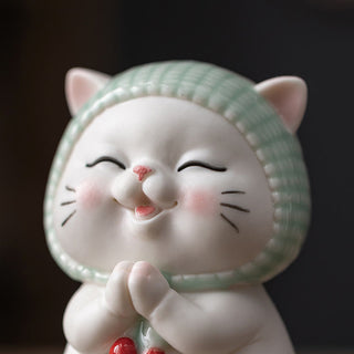 Buddha Gift Lucky Cute Cat In Scarf Ceramic Figurine Decoration
