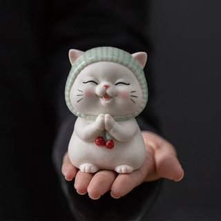 Buddha Gift Lucky Cute Cat In Scarf Ceramic Figurine Decoration
