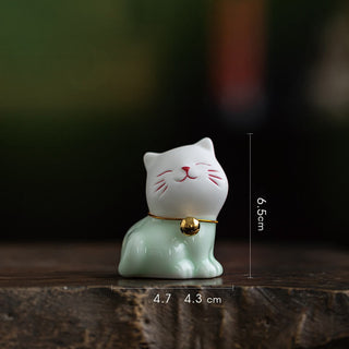 Buddha Gift Mini Lucky Cute Cat Light Green White Ceramic Figurine Decoration