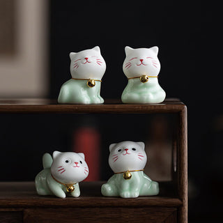 Buddha Gift Mini Lucky Cute Cat Light Green White Ceramic Figurine Decoration