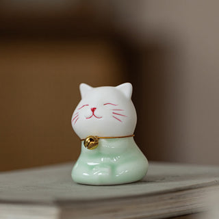 Buddha Gift Mini Lucky Cute Cat Light Green White Ceramic Figurine Decoration