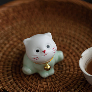 Buddha Gift Mini Lucky Cute Cat Light Green White Ceramic Figurine Decoration