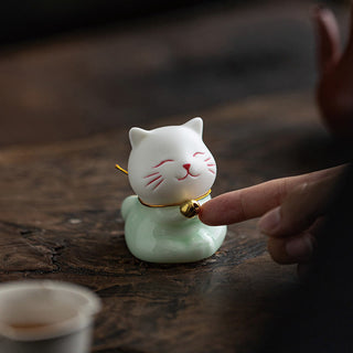 Buddha Gift Mini Lucky Cute Cat Light Green White Ceramic Figurine Decoration