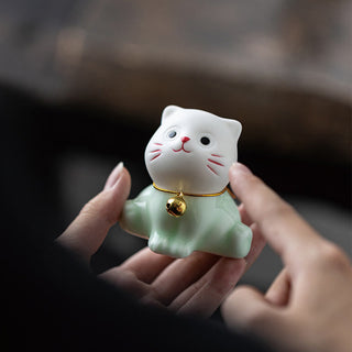 Buddha Gift Mini Lucky Cute Cat Light Green White Ceramic Figurine Decoration