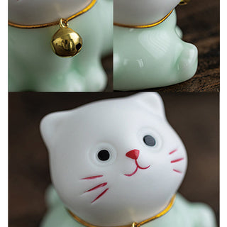 Buddha Gift Mini Lucky Cute Cat Light Green White Ceramic Figurine Decoration