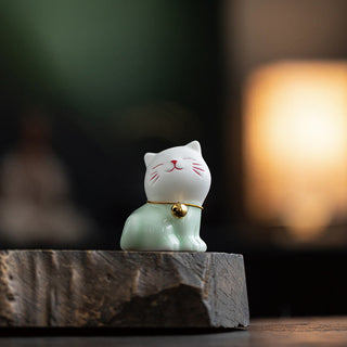 Buddha Gift Mini Lucky Cute Cat Light Green White Ceramic Figurine Decoration