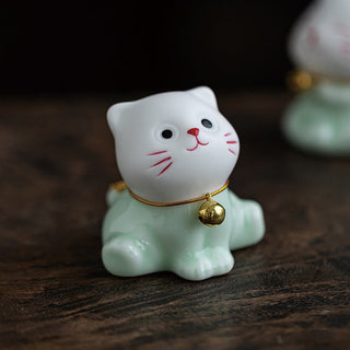Buddha Gift Mini Lucky Cute Cat Light Green White Ceramic Figurine Decoration