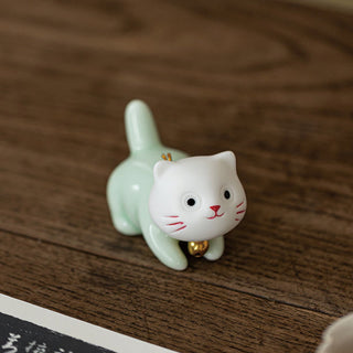 Buddha Gift Mini Lucky Cute Cat Light Green White Ceramic Figurine Decoration