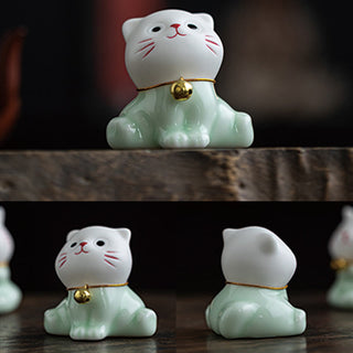 Buddha Gift Mini Lucky Cute Cat Light Green White Ceramic Figurine Decoration