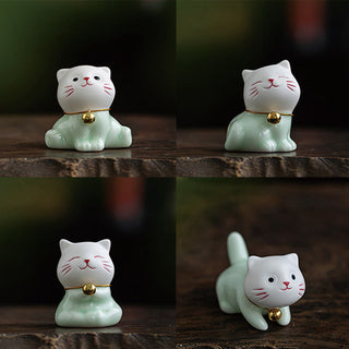 Buddha Gift Mini Lucky Cute Cat Light Green White Ceramic Figurine Decoration