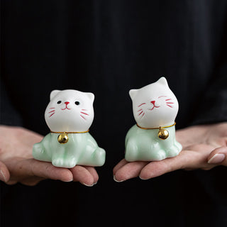 Buddha Gift Mini Lucky Cute Cat Light Green White Ceramic Figurine Decoration