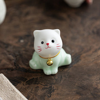 Buddha Gift Mini Lucky Cute Cat Light Green White Ceramic Figurine Decoration