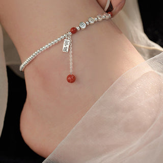 Buddha Gift 925 Sterling Silver Small Beads Red Agate Peace And Joy Blessing Anklet
