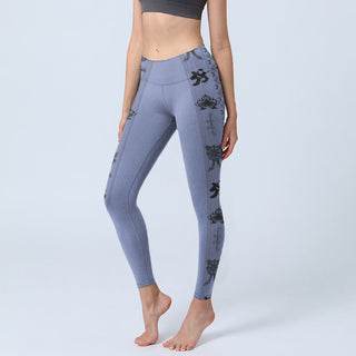 Buddha Gift Blue Stitching Sanskrit Word Om Lotus Pattern Print Gym Leggings Women's Yoga Pants