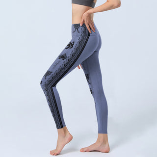 Buddha Gift Blue Stitching Sanskrit Word Om Lotus Pattern Print Gym Leggings Women's Yoga Pants
