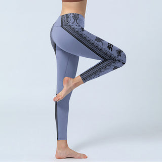 Buddha Gift Blue Stitching Sanskrit Word Om Lotus Pattern Print Gym Leggings Women's Yoga Pants