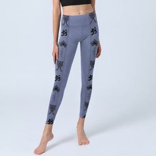Buddha Gift Blue Stitching Sanskrit Word Om Lotus Pattern Print Gym Leggings Women's Yoga Pants