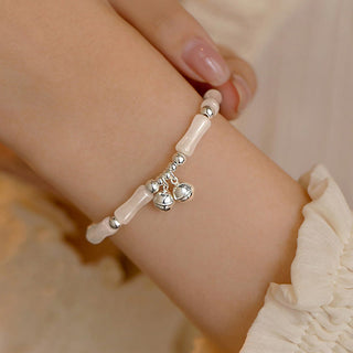 Buddha Gift 925 Sterling Silver Natural White Jade Bamboo Bell Charm Luck Happiness Bracelet