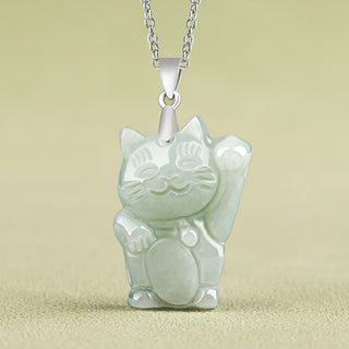 Buddha Gift 925 Sterling Silver Jade Fortune Cat Prosperity Necklace Pendant