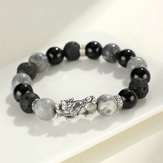 Buddha Gift 999 Sterling Silver PiXiu Black Onyx Grey Jasper Lava Rock Protection Bracelet