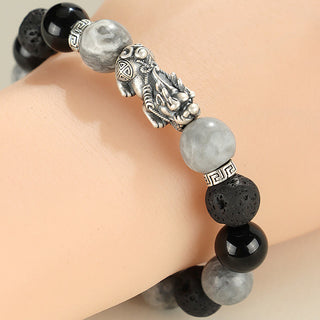 Buddha Gift 999 Sterling Silver PiXiu Black Onyx Grey Jasper Lava Rock Protection Bracelet