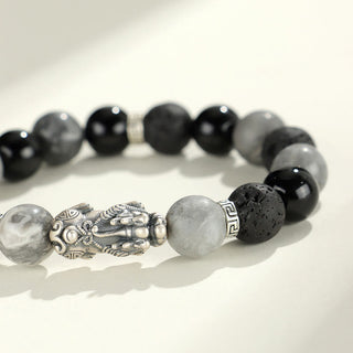 Buddha Gift 999 Sterling Silver PiXiu Black Onyx Grey Jasper Lava Rock Protection Bracelet