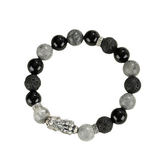 Buddha Gift 999 Sterling Silver PiXiu Black Onyx Grey Jasper Lava Rock Protection Bracelet