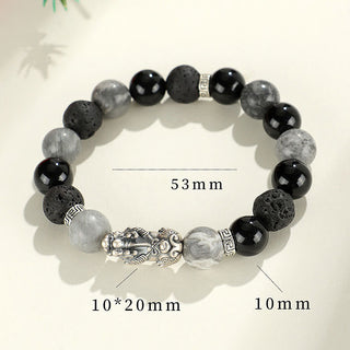 Buddha Gift 999 Sterling Silver PiXiu Black Onyx Grey Jasper Lava Rock Protection Bracelet
