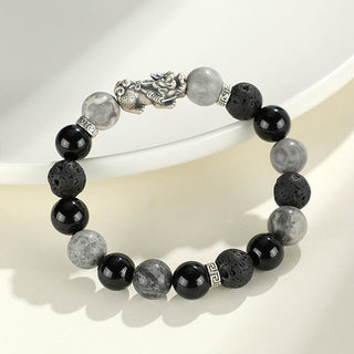 Buddha Gift 999 Sterling Silver PiXiu Black Onyx Grey Jasper Lava Rock Protection Bracelet