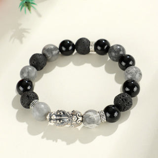 Buddha Gift 999 Sterling Silver PiXiu Black Onyx Grey Jasper Lava Rock Protection Bracelet