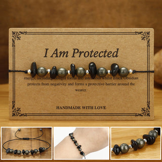 Buddha Gift I Am Protected Iron Pyrite Black Obsidian Fulfillment Bracelet