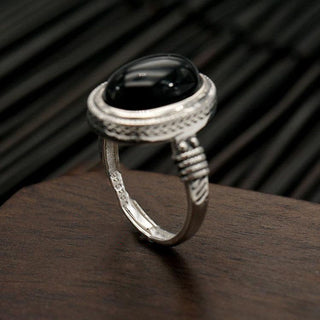 Buddha Gift Natural Black Onyx Adjustable Protection Ring