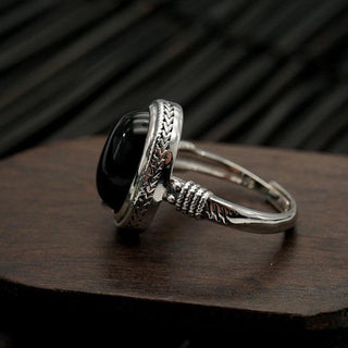Buddha Gift Natural Black Onyx Adjustable Protection Ring
