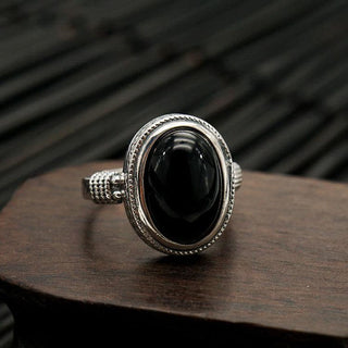 Buddha Gift Natural Black Onyx Adjustable Protection Ring