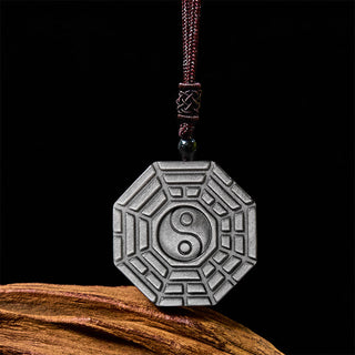 Buddha Gift Silver Sheen Obsidian Bagua Yin Yang Symbol Protection Necklace Pendant