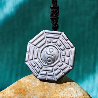 Buddha Gift Silver Sheen Obsidian Bagua Yin Yang Symbol Protection Necklace Pendant
