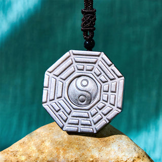 Buddha Gift Silver Sheen Obsidian Bagua Yin Yang Symbol Protection Necklace Pendant