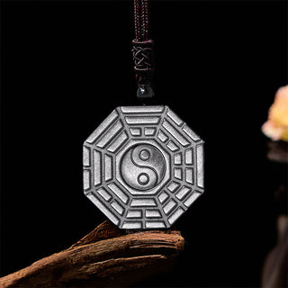 Buddha Gift Silver Sheen Obsidian Bagua Yin Yang Symbol Protection Necklace Pendant