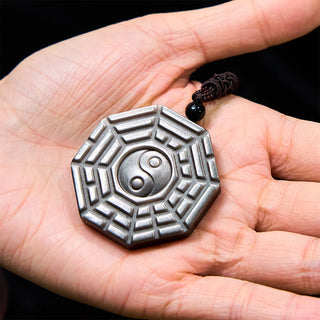 Buddha Gift Silver Sheen Obsidian Bagua Yin Yang Symbol Protection Necklace Pendant