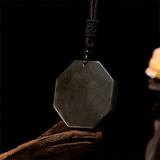 Buddha Gift Silver Sheen Obsidian Bagua Yin Yang Symbol Protection Necklace Pendant