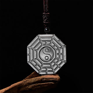 Buddha Gift Silver Sheen Obsidian Bagua Yin Yang Symbol Protection Necklace Pendant