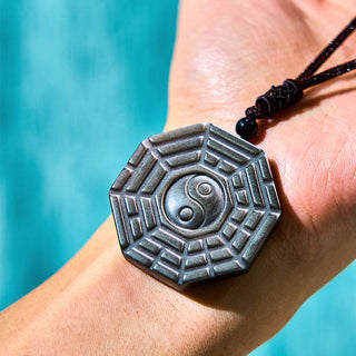 Buddha Gift Silver Sheen Obsidian Bagua Yin Yang Symbol Protection Necklace Pendant