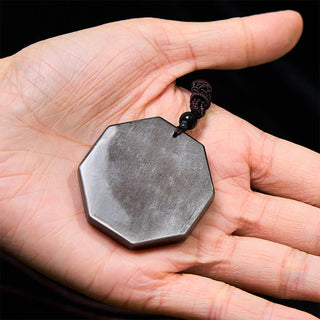 Buddha Gift Silver Sheen Obsidian Bagua Yin Yang Symbol Protection Necklace Pendant