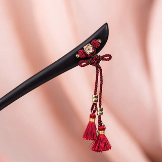 Buddha Gift Ebony Red String Chinese Knot Tassel Protection Hairpin