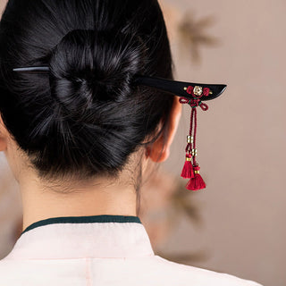 Buddha Gift Ebony Red String Chinese Knot Tassel Protection Hairpin