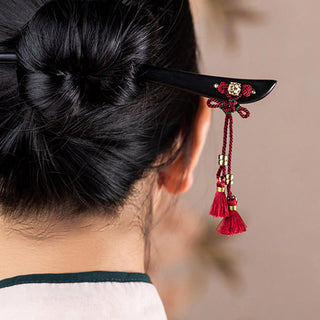 Buddha Gift Ebony Red String Chinese Knot Tassel Protection Hairpin